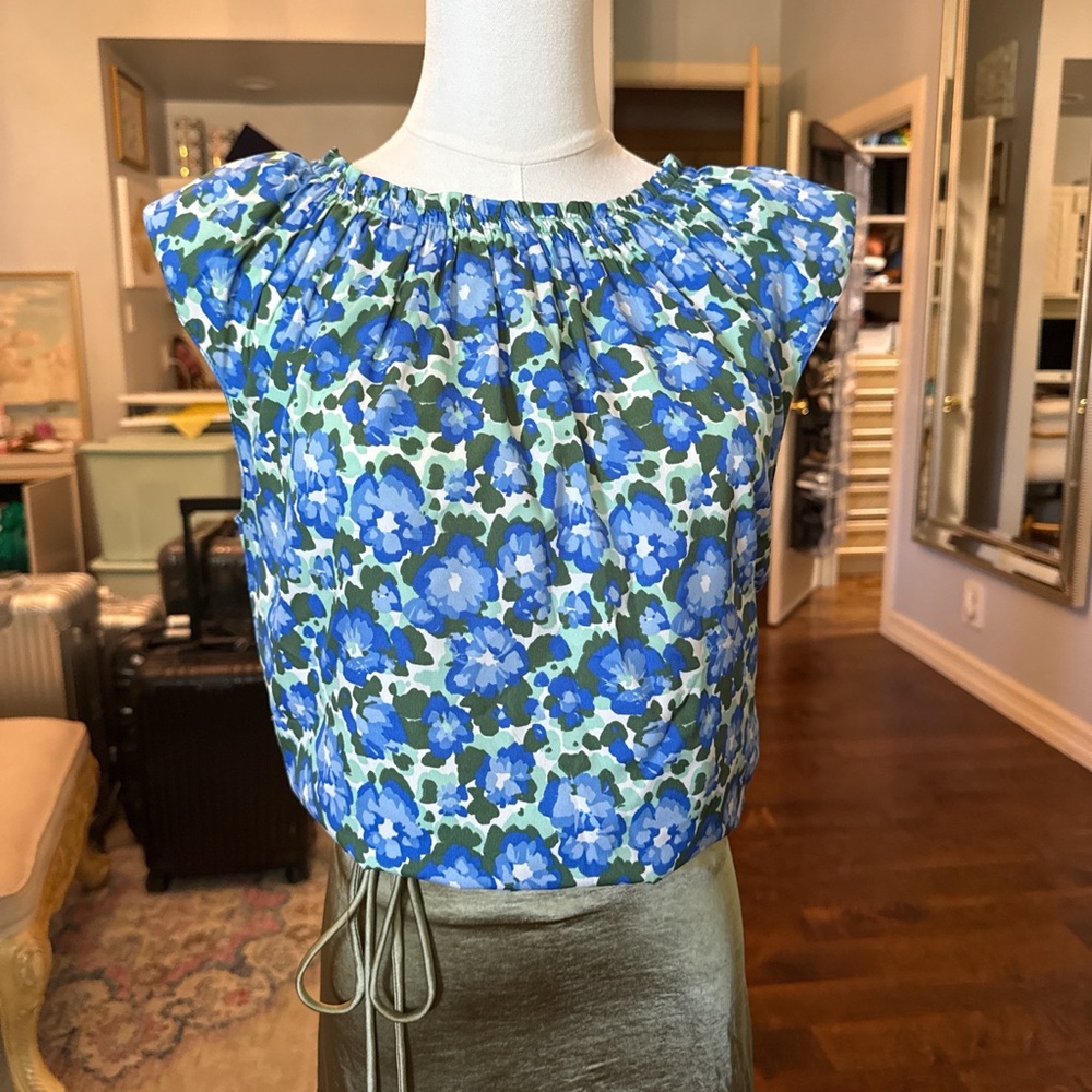 SFERRA Blue and Green Floral Gathered-Neck Blouse